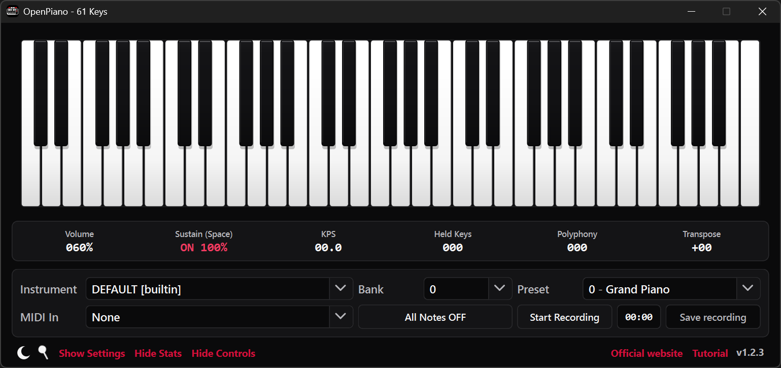 Instrument selection and recording controls