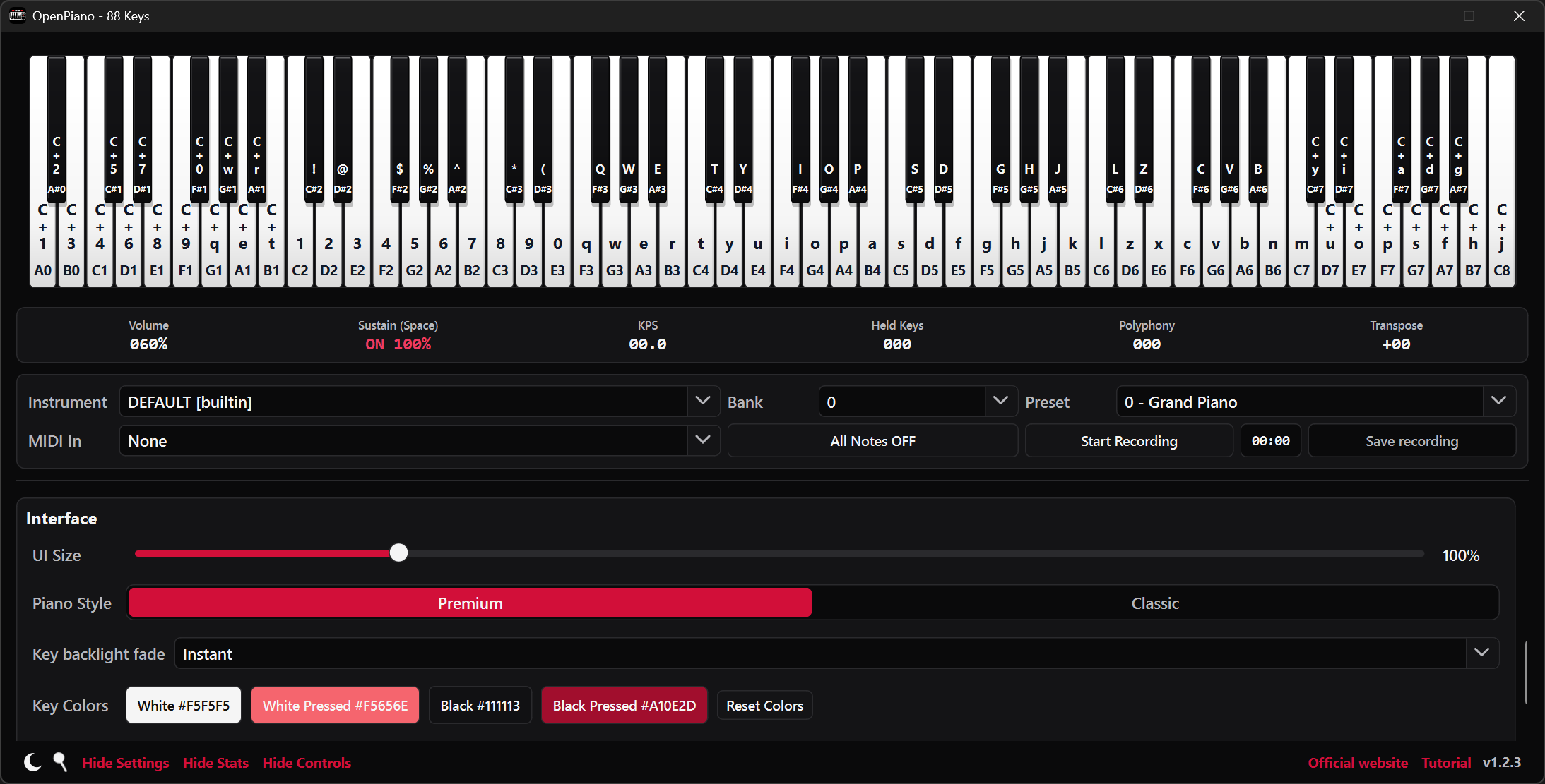Interface size and piano appearance settings